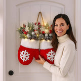 LED Christmas mitten wreath displayed on wall as festive holiday home decoration