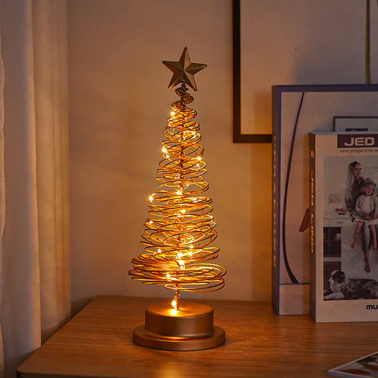 LED Christmas tree light golden warm white glow on wooden desk
