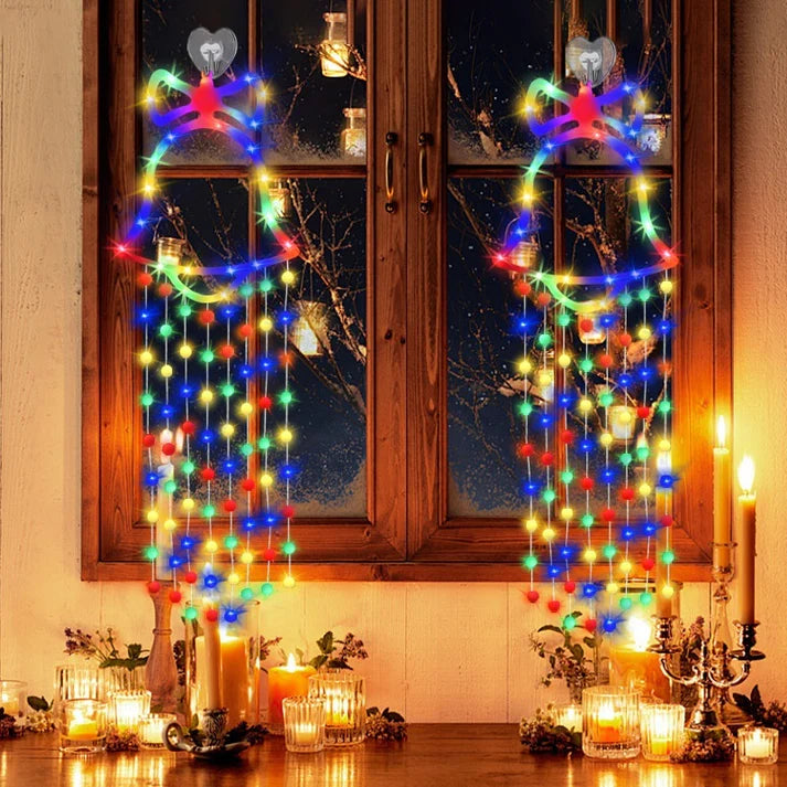 LED net Christmas lights displayed on window as festive holiday decoration