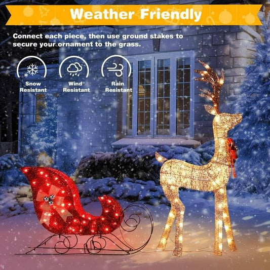 Lighted Christmas deer yard decor set during daytime