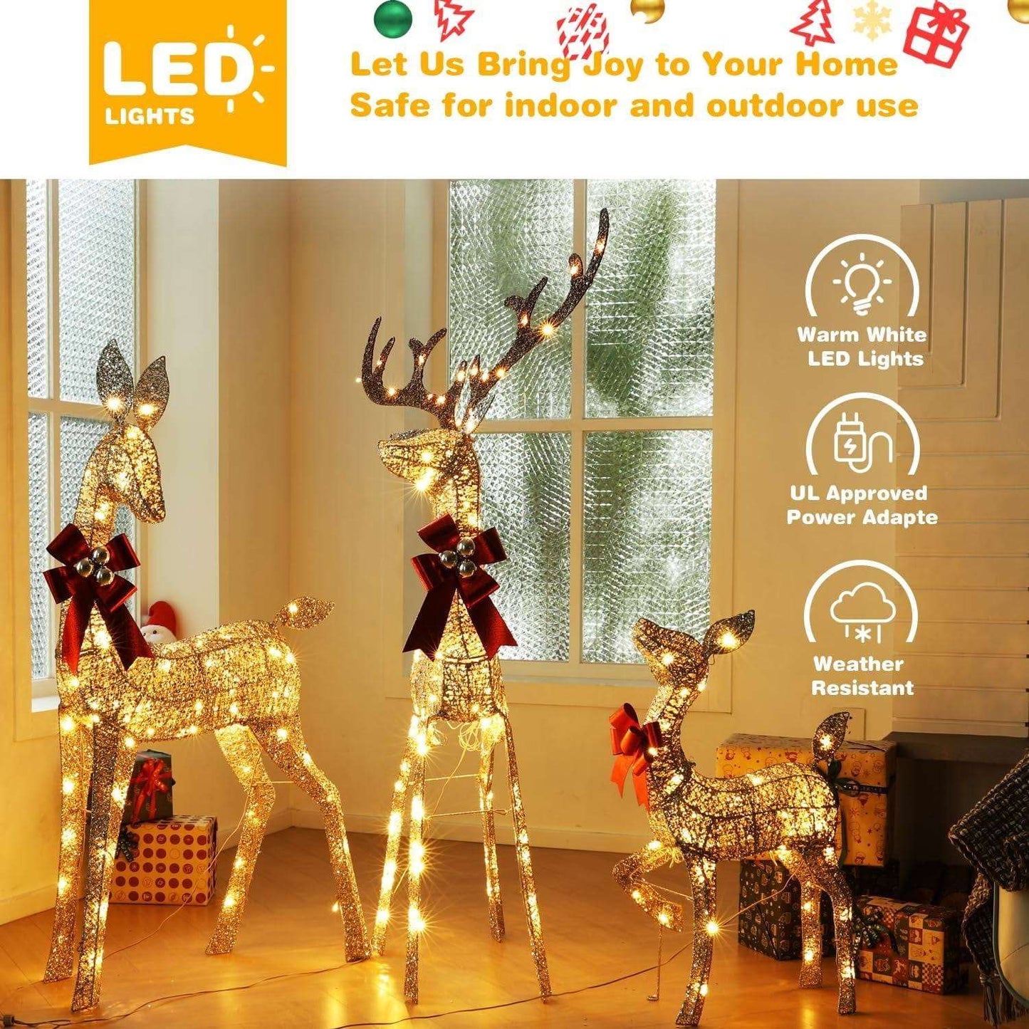 Lighted Christmas deer yard decor fully lit at dusk