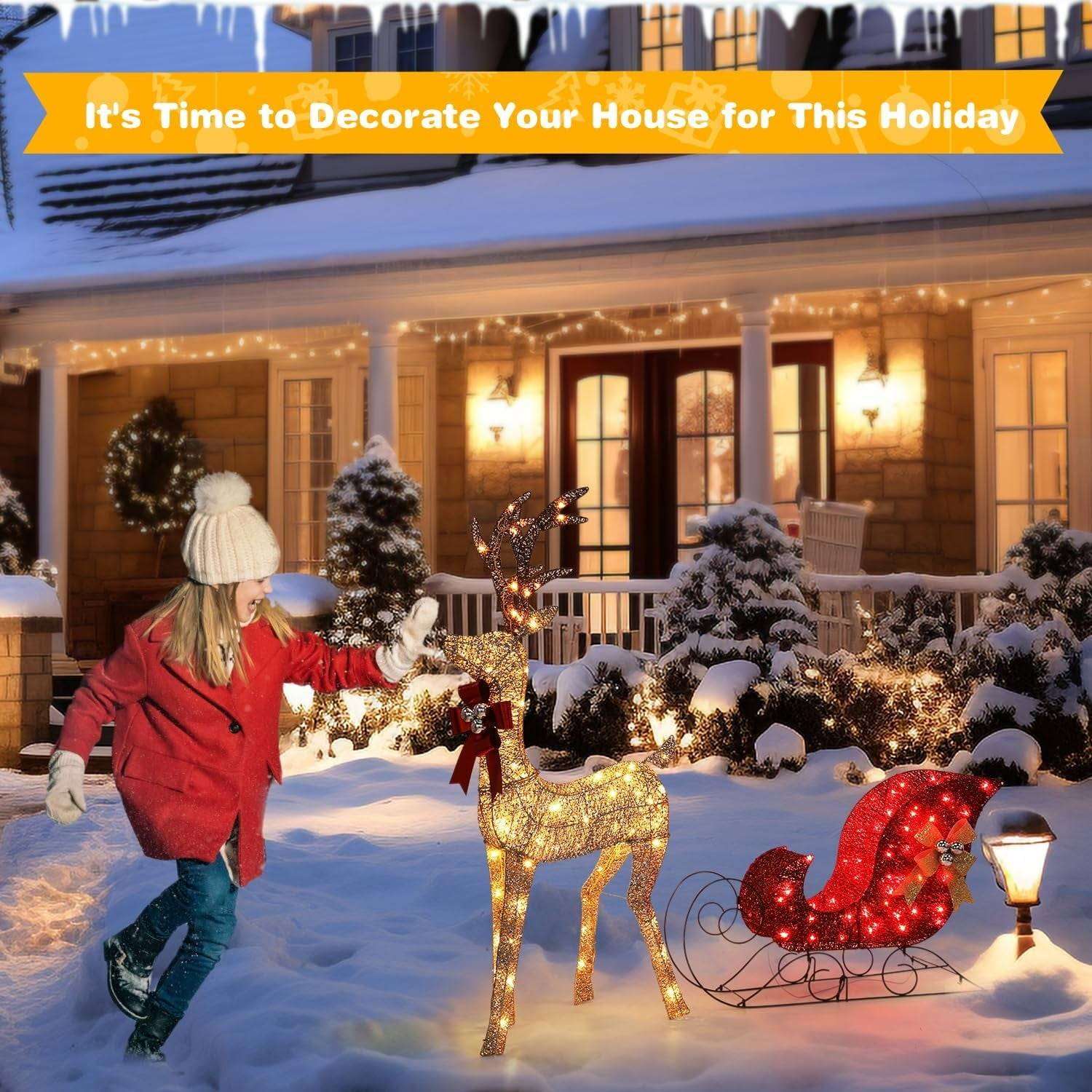 Lighted Christmas deer yard decor glowing at night