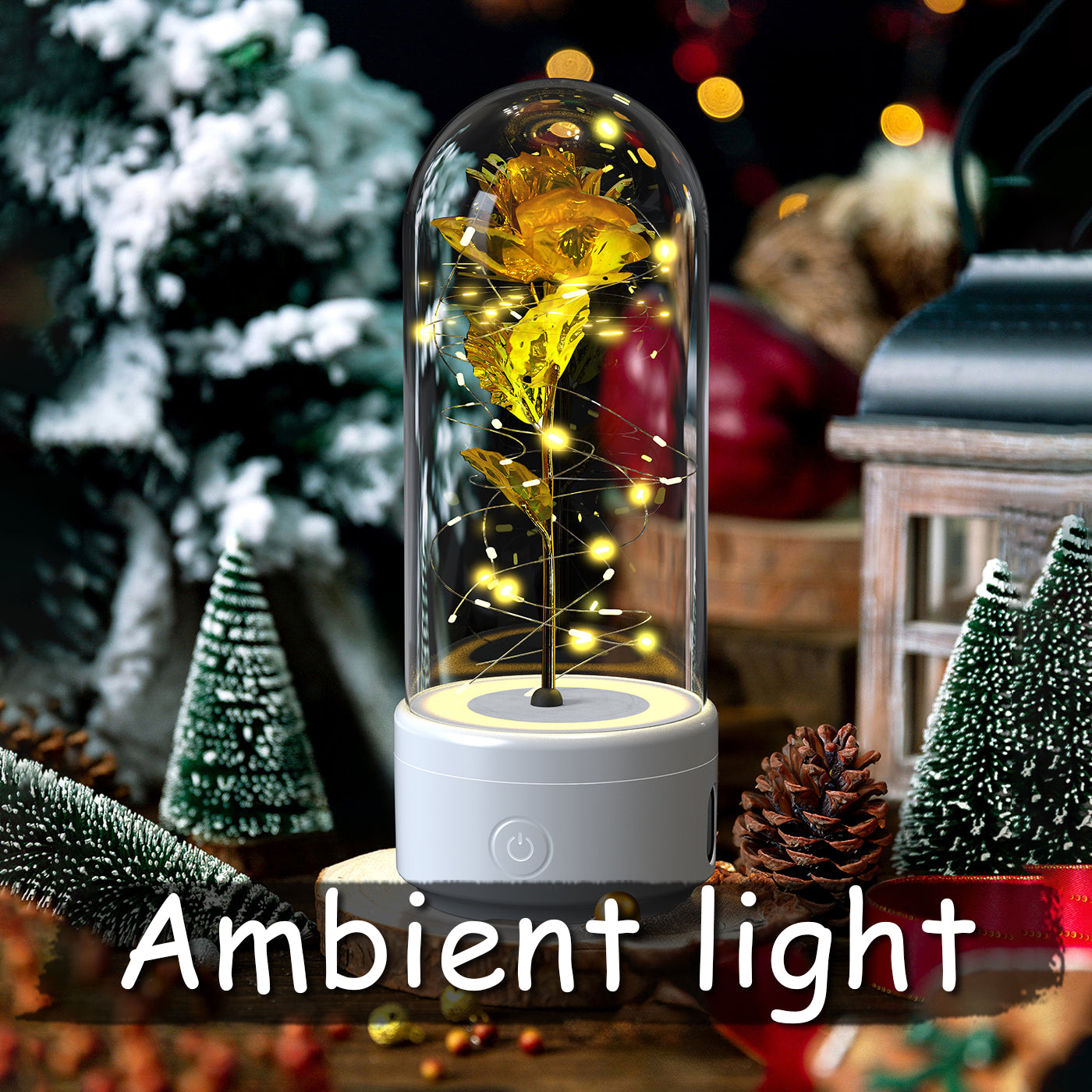 Luminous rose night light with gold rose in glass dome