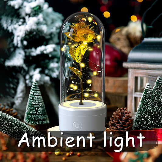 Luminous rose night light with gold rose in glass dome