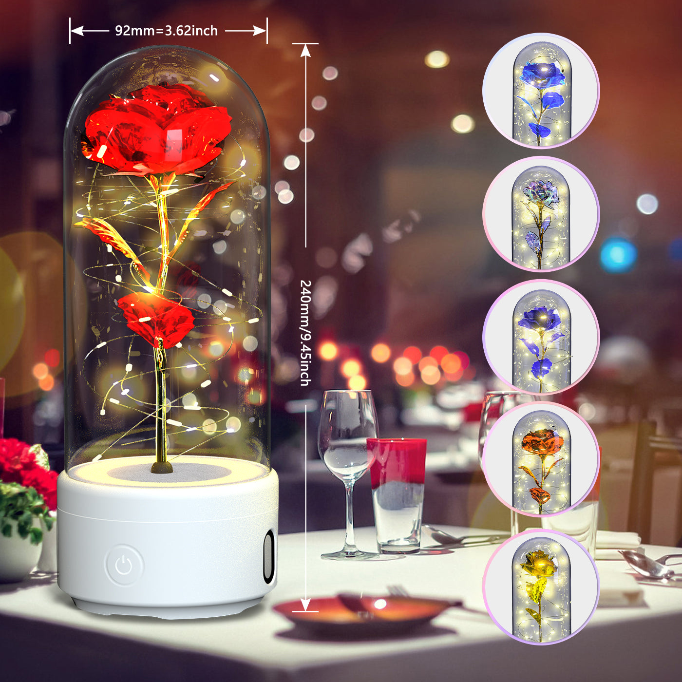 Luminous rose night light displayed on bedside table