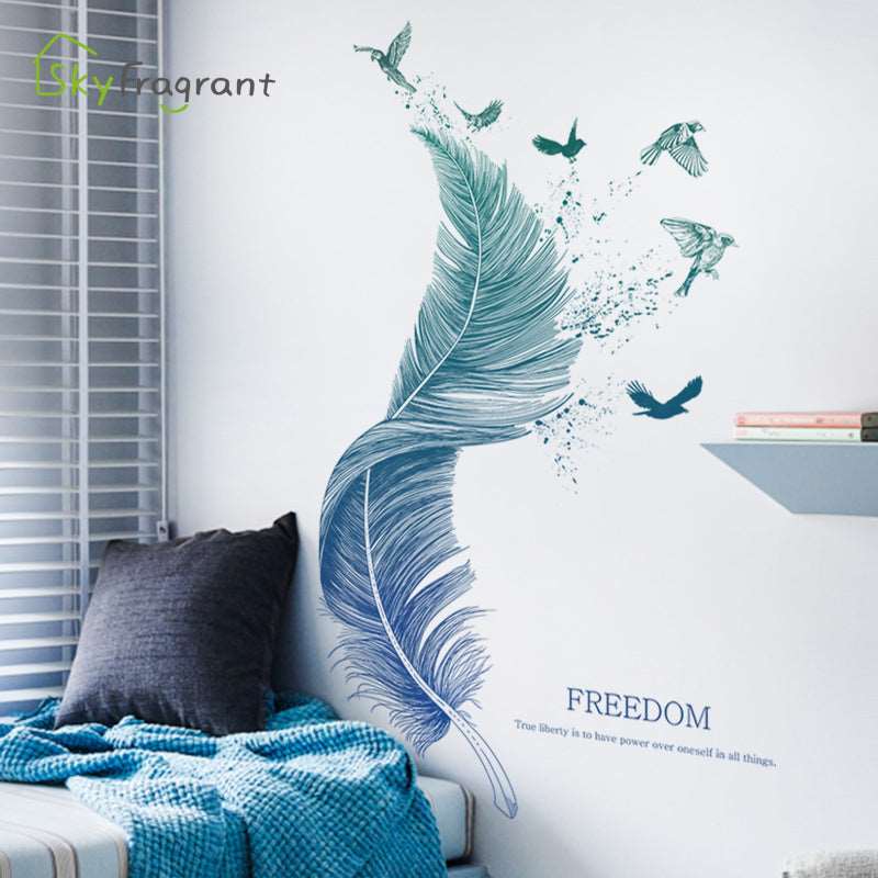 Luxury oversized feather wall sticker with birds on bedroom wall