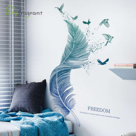 Luxury oversized feather wall sticker with birds on bedroom wall