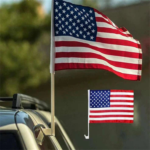 American flag mounted on car window showing full display