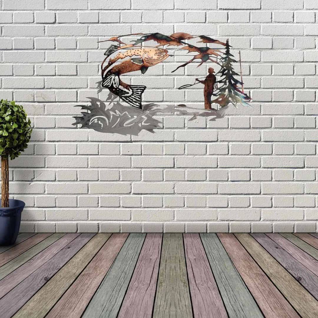 Mallard trout metal wall art on brick wall outdoors