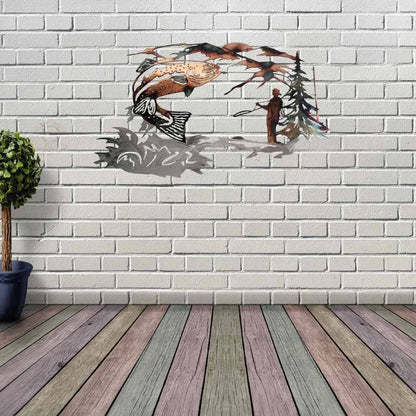 Mallard trout metal wall art on brick wall outdoors