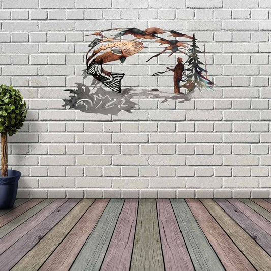 Mallard trout metal wall art on brick wall outdoors