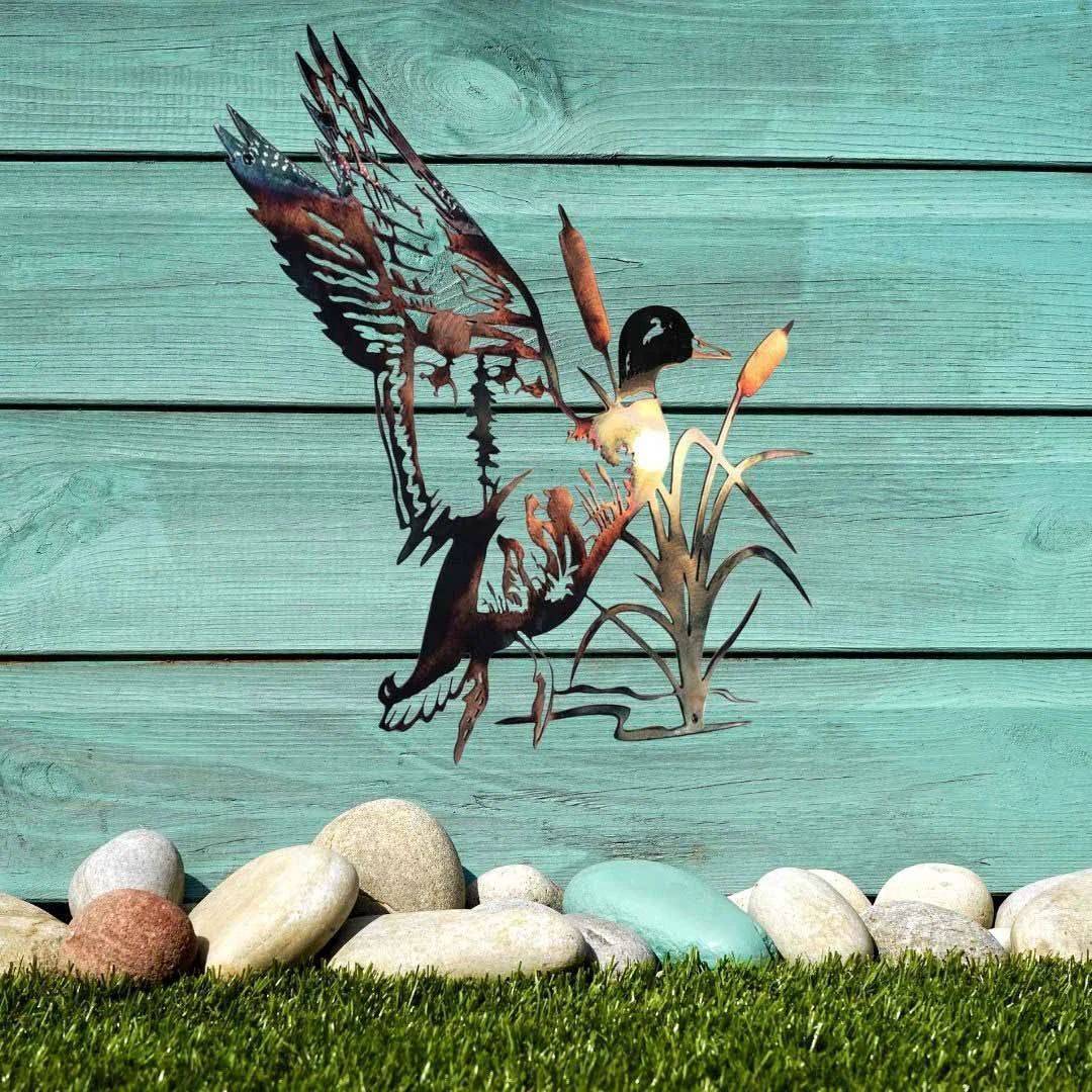 Mallard trout metal wall art against sky background