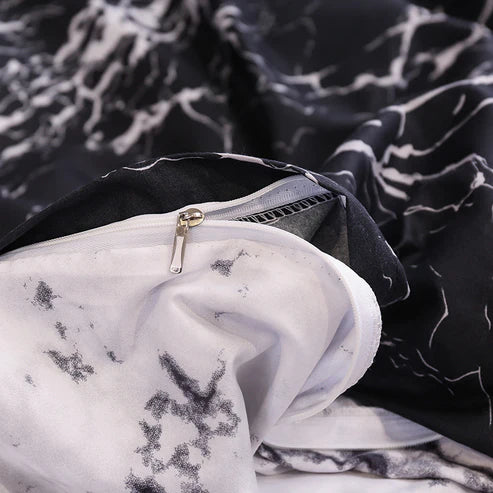 Marble print duvet cover and pillowcase detail black white