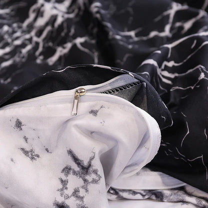 Marble print duvet cover and pillowcase detail black white