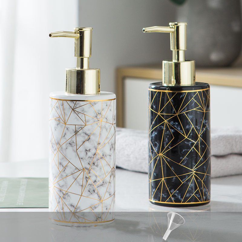 Marble ceramic soap dispenser with gold geometric pattern