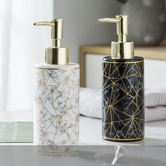Marble ceramic soap dispenser with gold geometric pattern