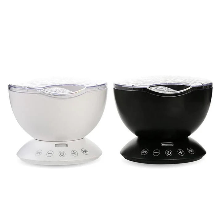 Meditation night light sitting on a wooden bedside table surface