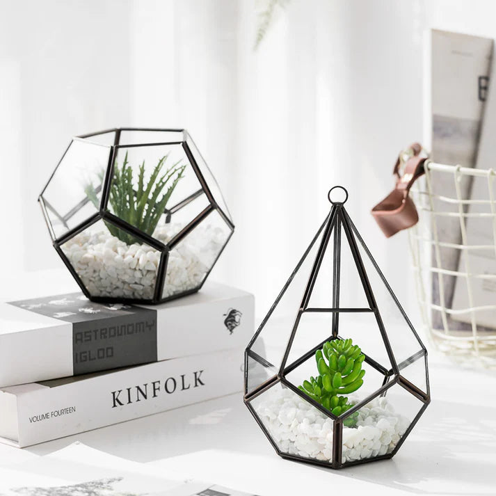 Metal and glass terrarium flower pot for indoor succulent decoration