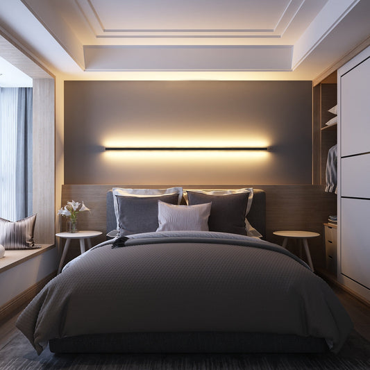 Minimalist LED wall lamp installed in bedroom setting