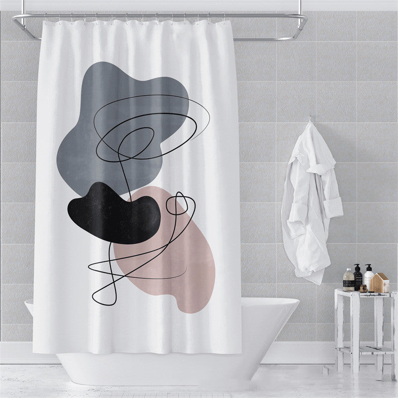 Morandi abstract shower curtain hanging in a modern minimalist bathroom with white tile
