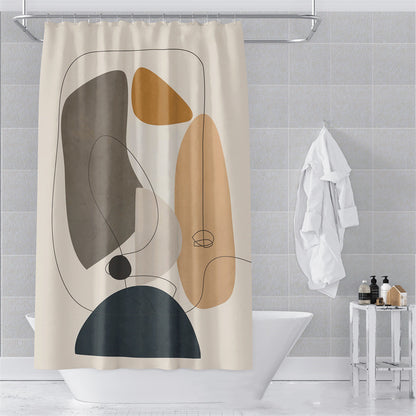 Morandi abstract shower curtain in a boho styled bathroom with rattan accessories and plants
