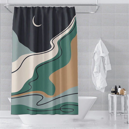 Dusty blue Morandi abstract art shower curtain in a calm neutral bathroom setting
