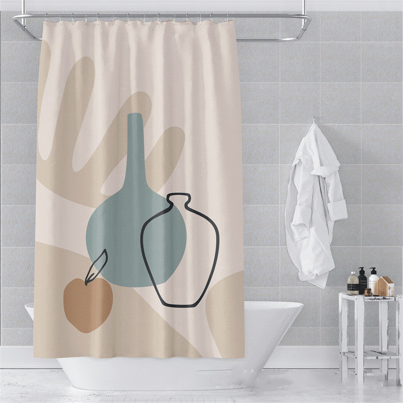 Close-up of the premium polyester fabric texture of the Morandi abstract shower curtain
