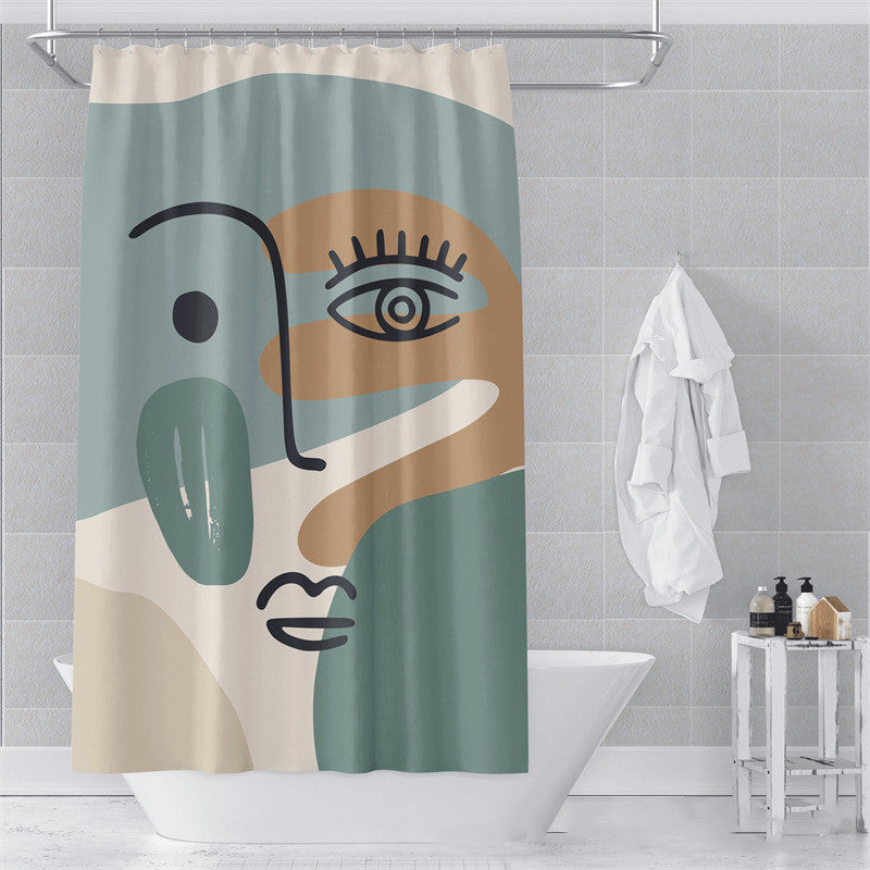 Morandi shower curtain in a Japandi bathroom with wood shelf and minimal accessories
