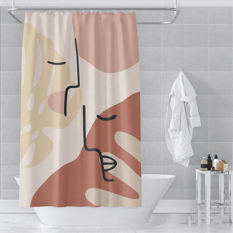 Light luxury bathroom with a Morandi abstract art curtain and gold fixtures
