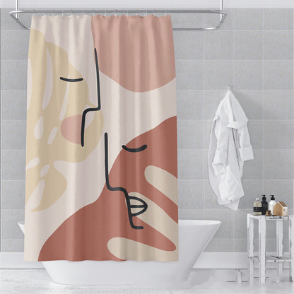 Light luxury bathroom with a Morandi abstract art curtain and gold fixtures
