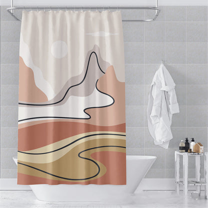 Morandi shower curtain care label showing machine wash cold and hang to dry instructions
