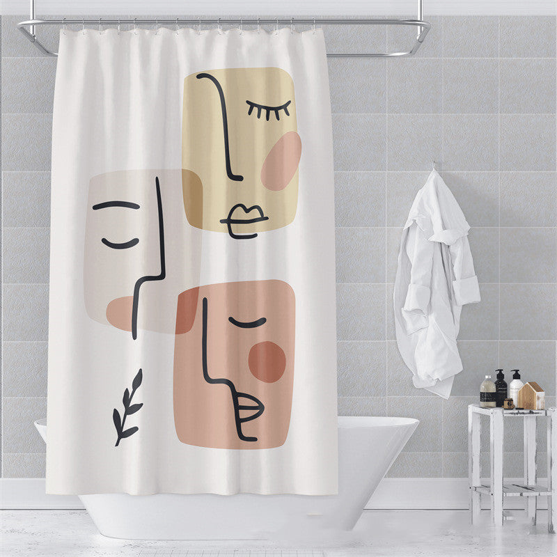 Close-up of the soft muted abstract art pattern on the Morandi polyester shower curtain
