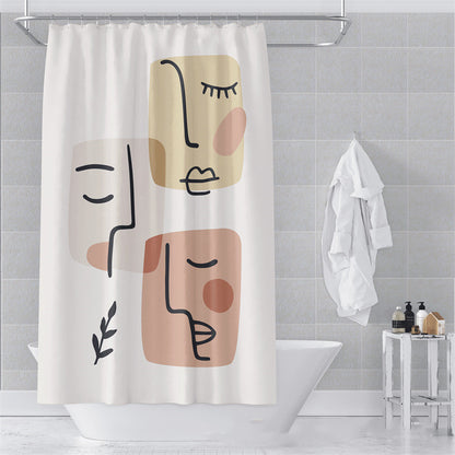 Close-up of the soft muted abstract art pattern on the Morandi polyester shower curtain
