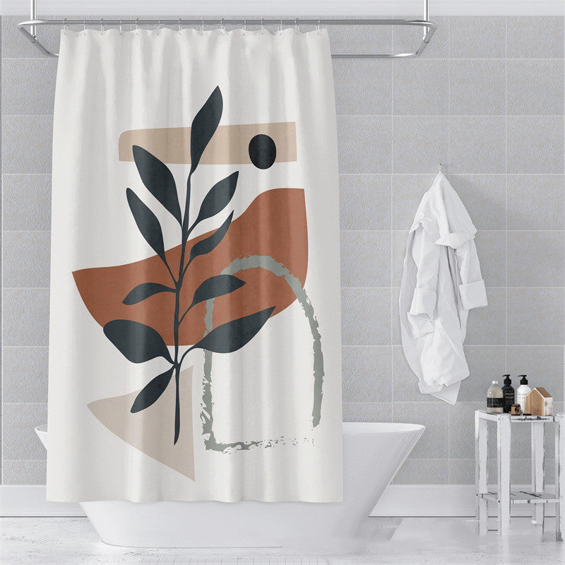 Sage green Morandi shower curtain hanging on a chrome rod in a light luxury bathroom
