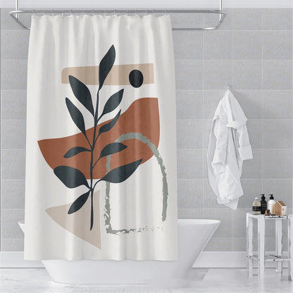 Sage green Morandi shower curtain hanging on a chrome rod in a light luxury bathroom
