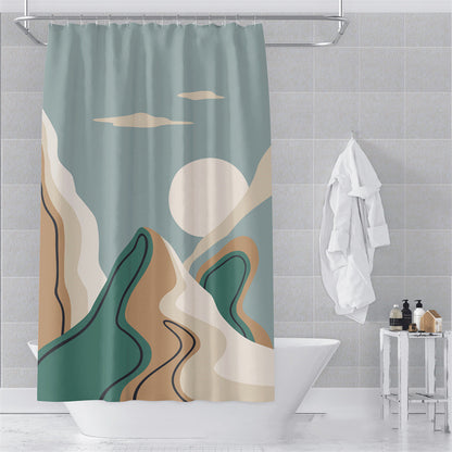 Soft gray Morandi art shower curtain in a modern bathroom with stone tile flooring
