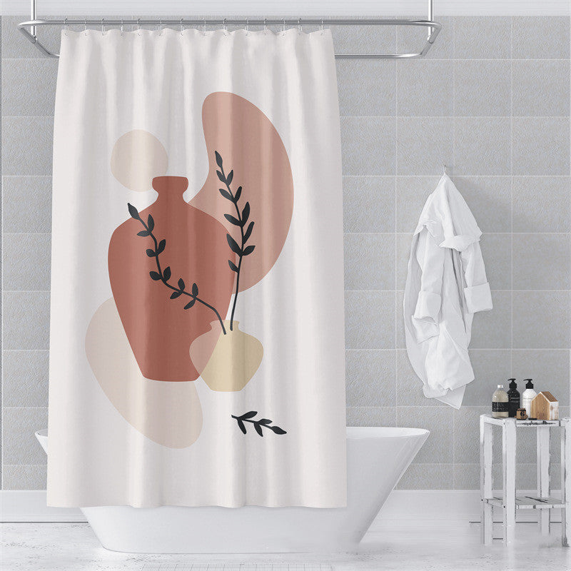 Warm beige Morandi abstract shower curtain styled in a bathroom with wood accents
