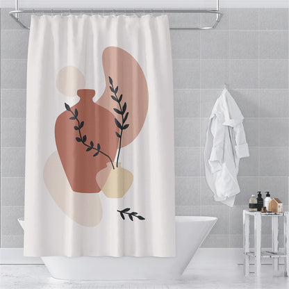 Warm beige Morandi abstract shower curtain styled in a bathroom with wood accents
