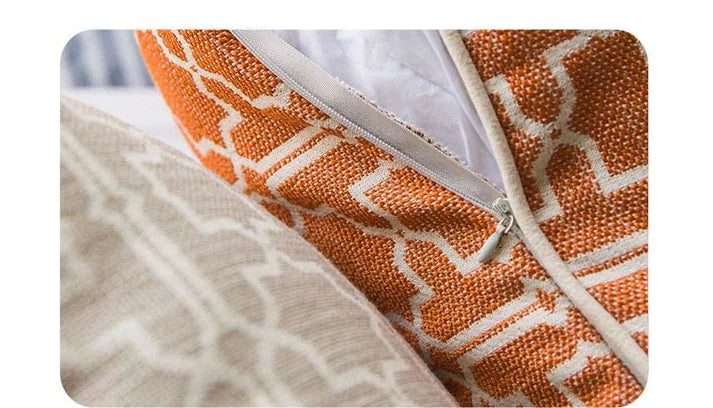 Yellow Moroccan trellis throw pillow with woven cotton texture