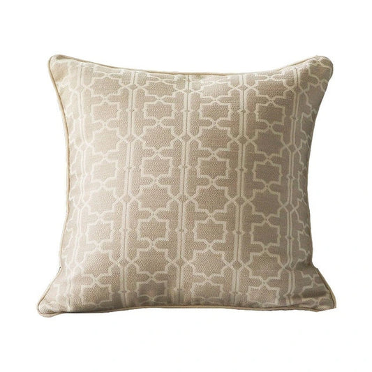 Beige Moroccan trellis throw pillow with woven geometric pattern