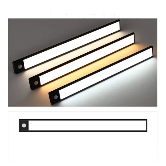 Thin rechargeable motion sensor LED light bars glowing under cabinet

