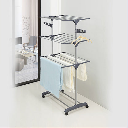 Grey multi-layer folding floor drying rack with clothes hanging