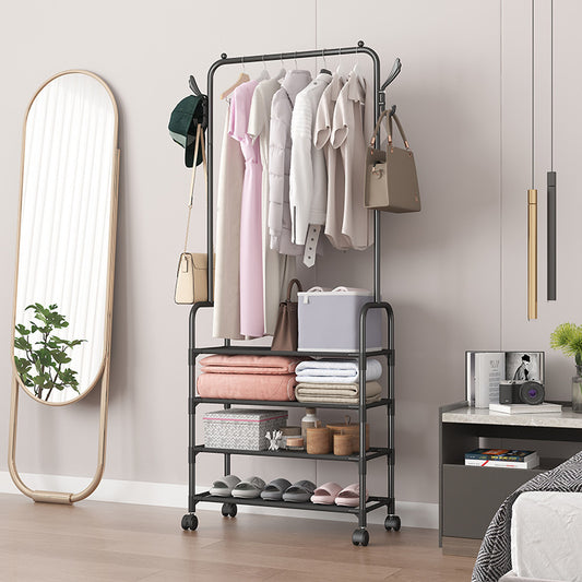 Black multi-layer shoe and hat rack with clothes hanging and shelves