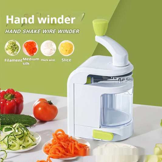 Multifunctional hand crank vegetable slicer grater with sliced vegetables
