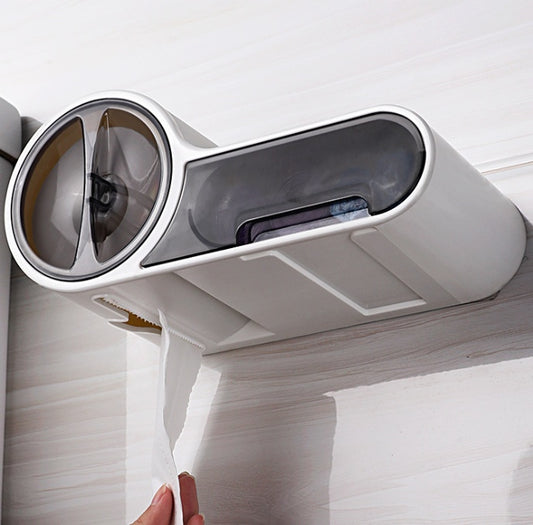 Self adhesive toilet paper holder with a standard US roll loaded and ready to use
