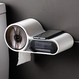 No drill self adhesive toilet paper holder mounted on white ceramic tile in a modern bathroom