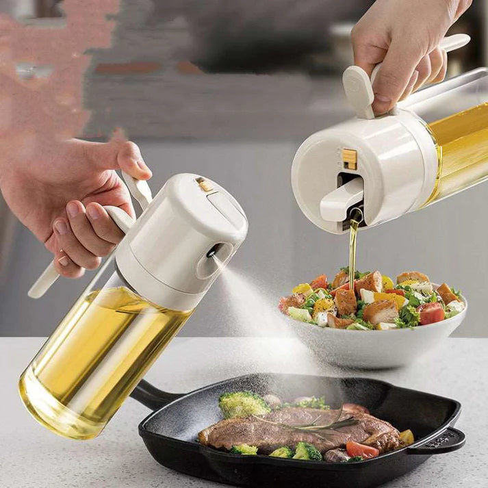 Olive oil sprayer bottle pouring oil into pan
