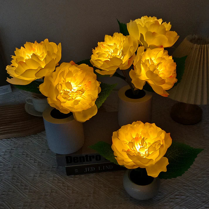 Peony flower night lamp white pot warm ambient light bedroom lifestyle