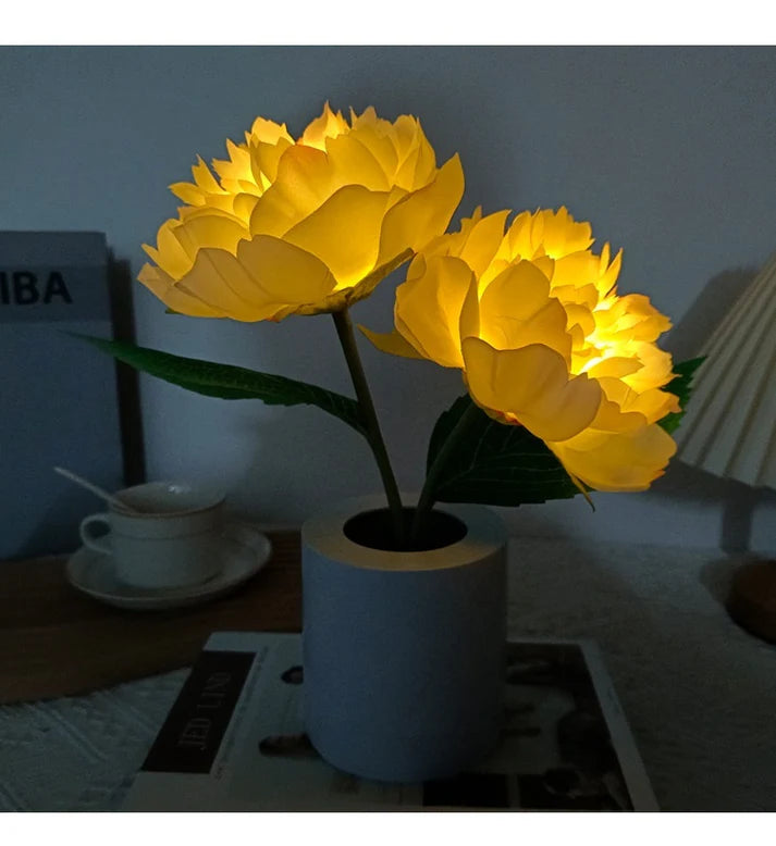 Peony flower night lamp yellow warm glow 2 flowers rechargeable display