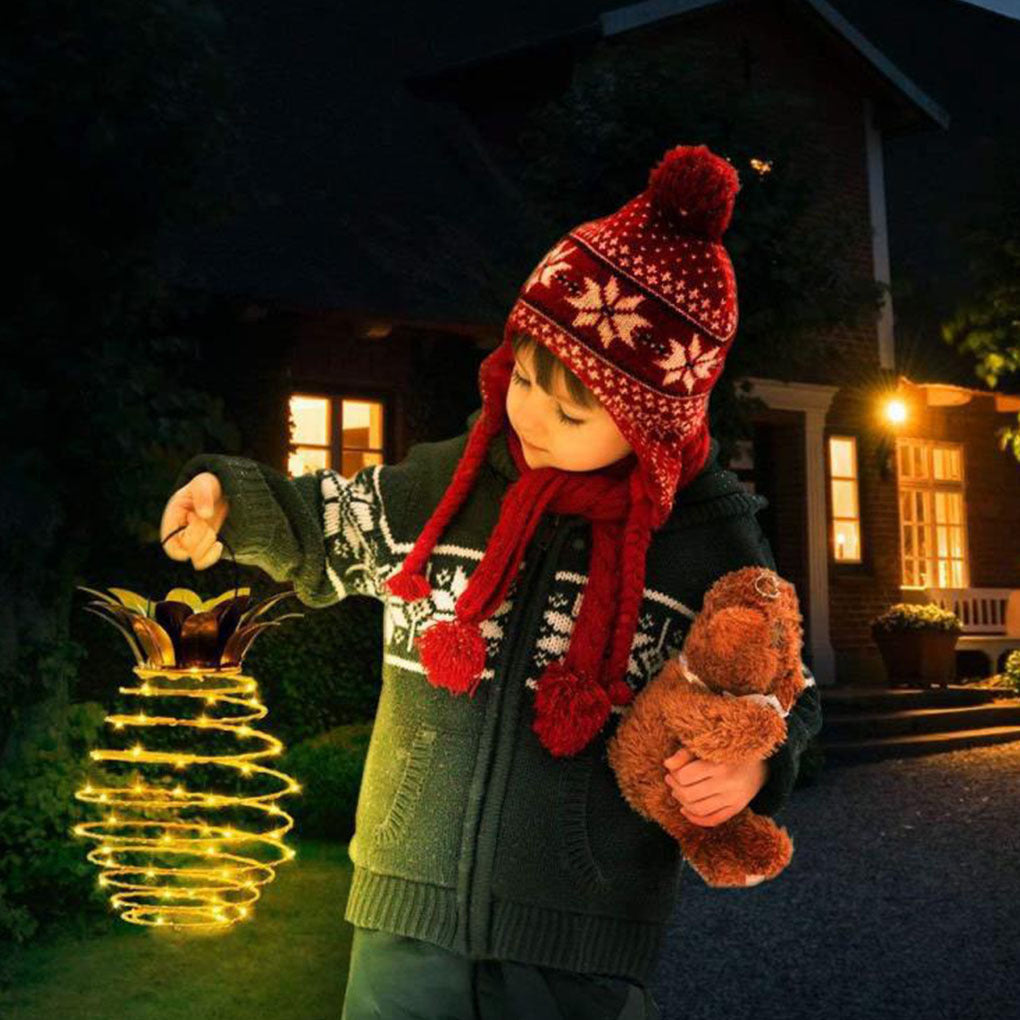 Pineapple solar light placed on garden path at night